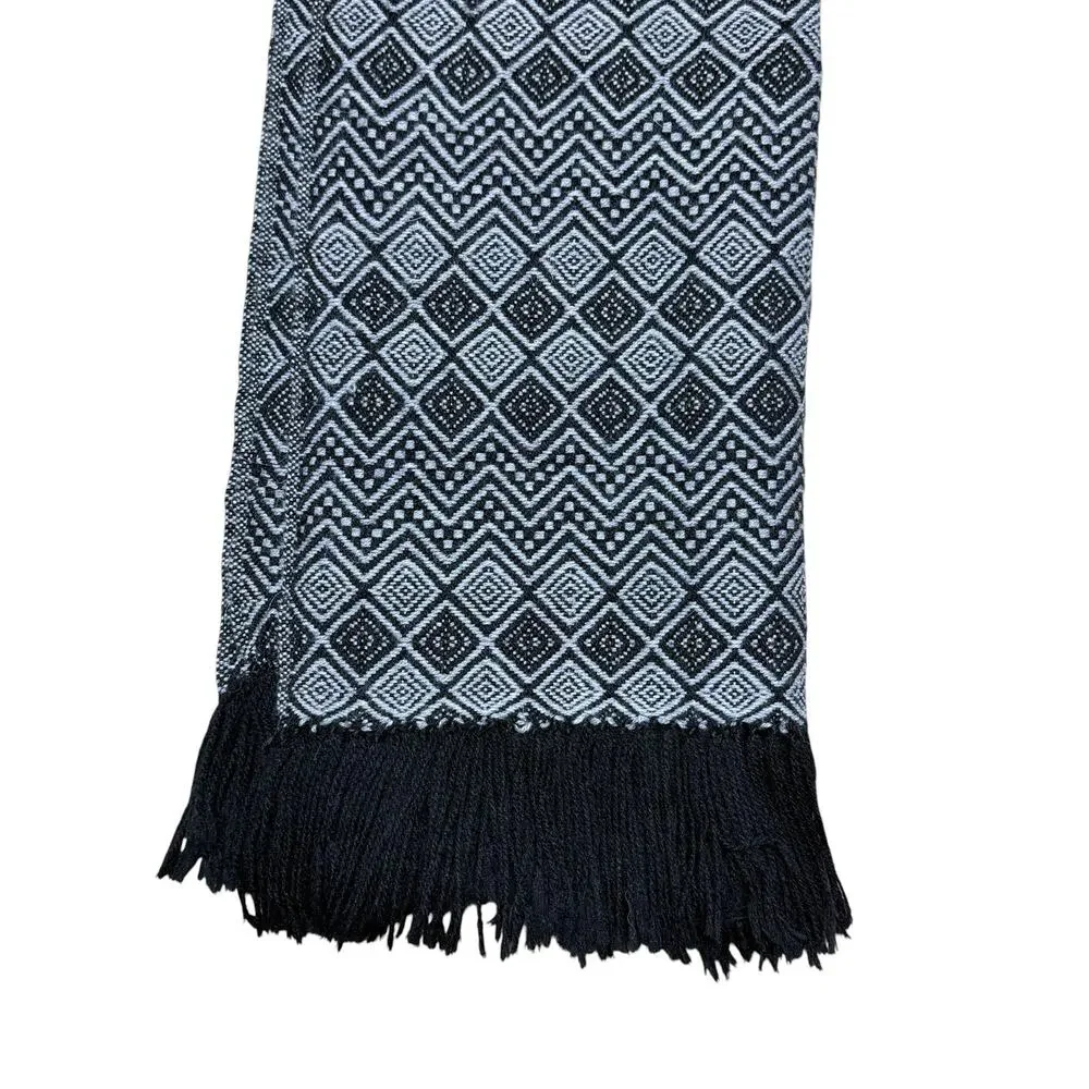 Vintage Peruvian Alpaca Wool Black White Diamond Chevron Fringe Scarf